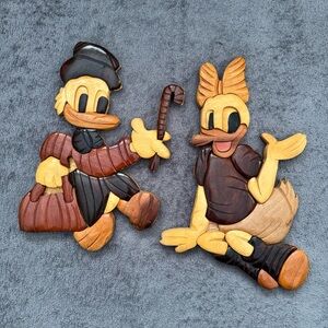 Vintage Handmade Disney Donald Duck Daisy Duck Intarsia Wood Wall Art Plaques